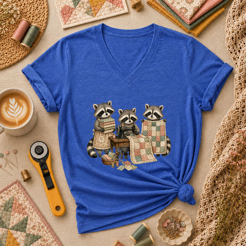 Three Raccoons Quilting Together Sewing Machine Women's V-Neck - Heather True Royal