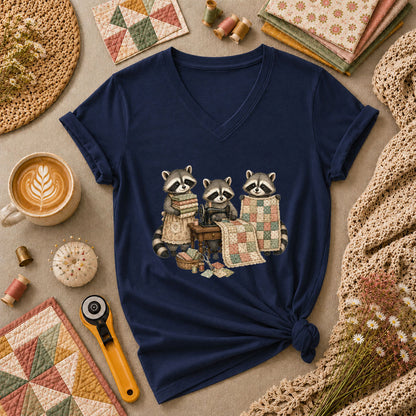 Three Raccoons Quilting Together Sewing Machine Women's V-Neck - Navy