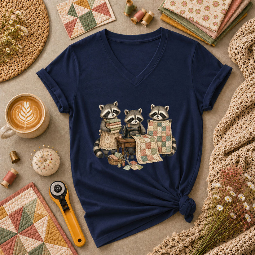Three Raccoons Quilting Together Sewing Machine Women's V-Neck - Navy