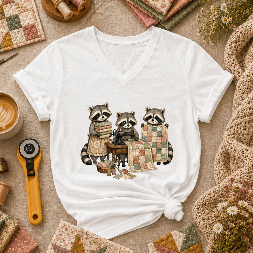 Three Raccoons Quilting Together Sewing Machine Women's V-Neck - White