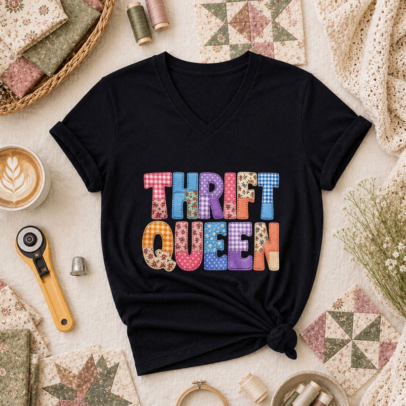 Thrift Queen Vintage Quilter Women's V-Neck - Black