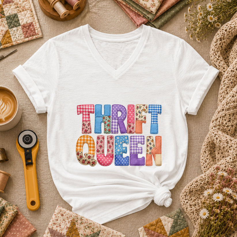 Thrift Queen Vintage Quilter Women's V-Neck - White