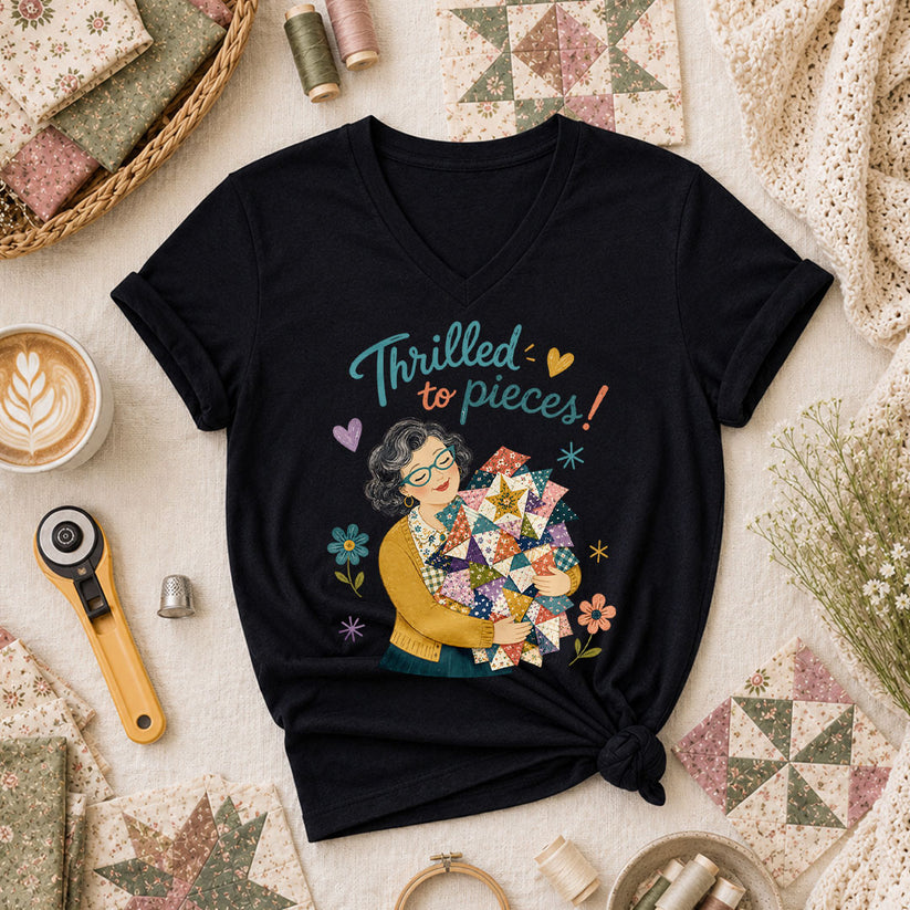 Thrilled To Pieces Quilter Women's V-Neck - Black