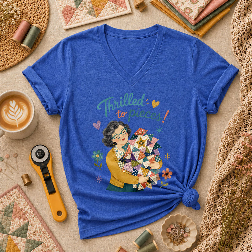 Thrilled To Pieces Quilter Women's V-Neck - Heather True Royal