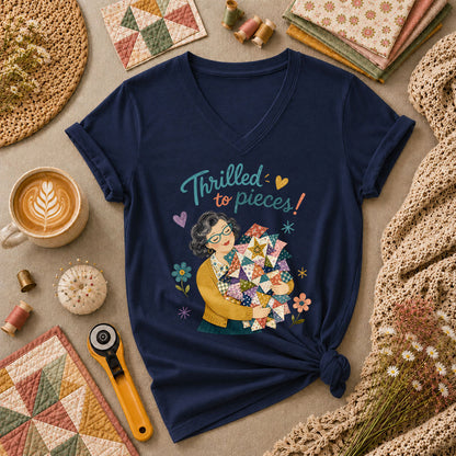 Thrilled To Pieces Quilter Women's V-Neck - Navy