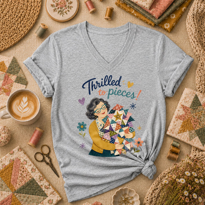 Thrilled To Pieces Quilter Women's V-Neck - Sport Grey