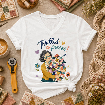 Thrilled To Pieces Quilter Women's V-Neck - White
