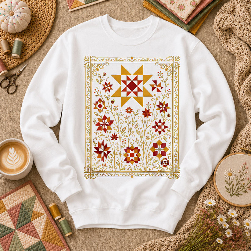 Golden Quilt Stars Botanical Frame - White