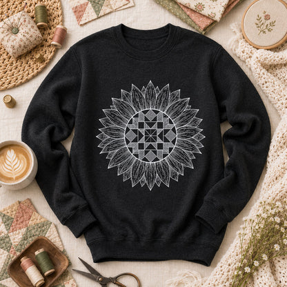 Sunflower Quilt Mandala Line Art - Black