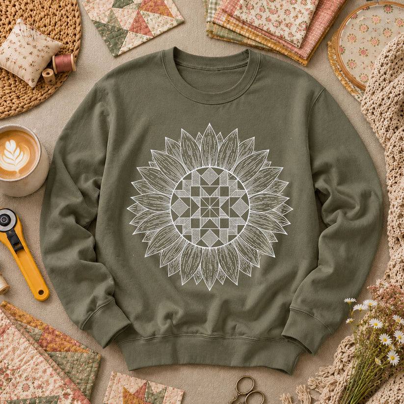 Sunflower Quilt Mandala Line Art - Military Green