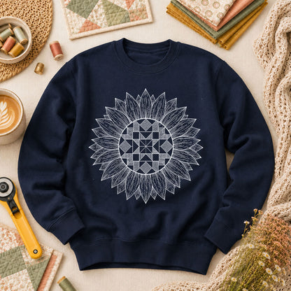 Sunflower Quilt Mandala Line Art - Navy