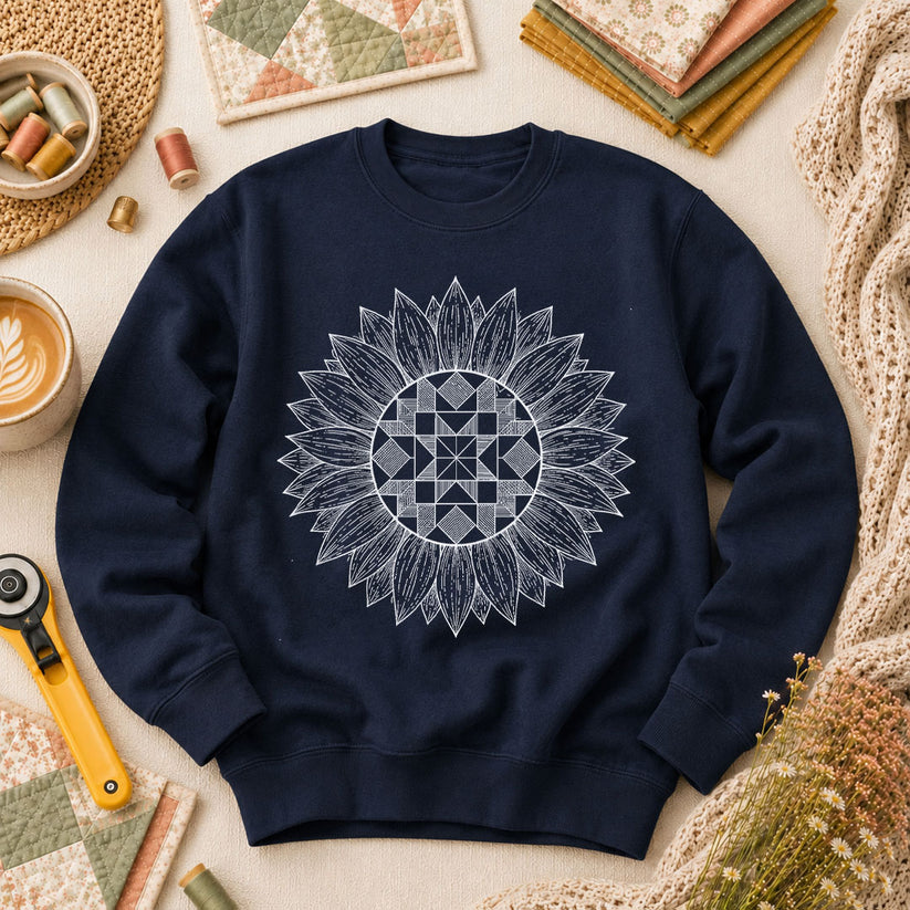 Sunflower Quilt Mandala Line Art - Navy