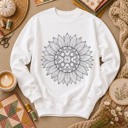 Sunflower Quilt Mandala Line Art - White