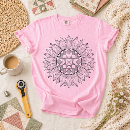 Sunflower Quilt Mandala Line Art T-Shirt - Blossom