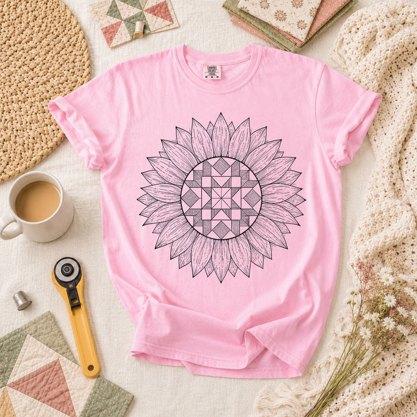 Sunflower Quilt Mandala Line Art T-Shirt - Blossom