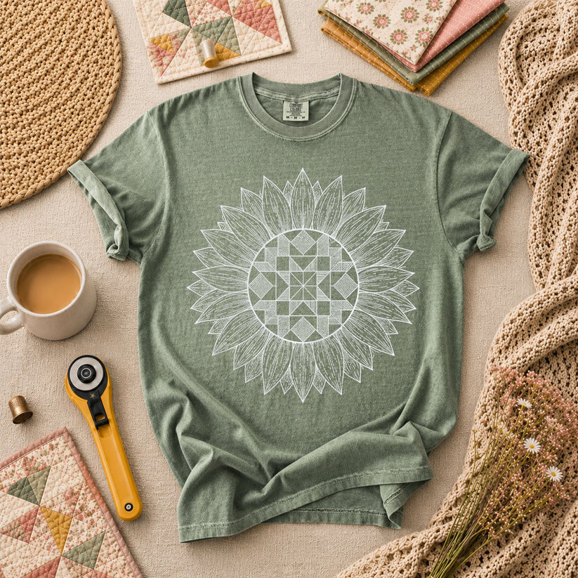 Sunflower Quilt Mandala Line Art T-Shirt - Forest