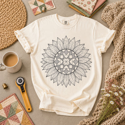 Sunflower Quilt Mandala Line Art T-Shirt - Ivory