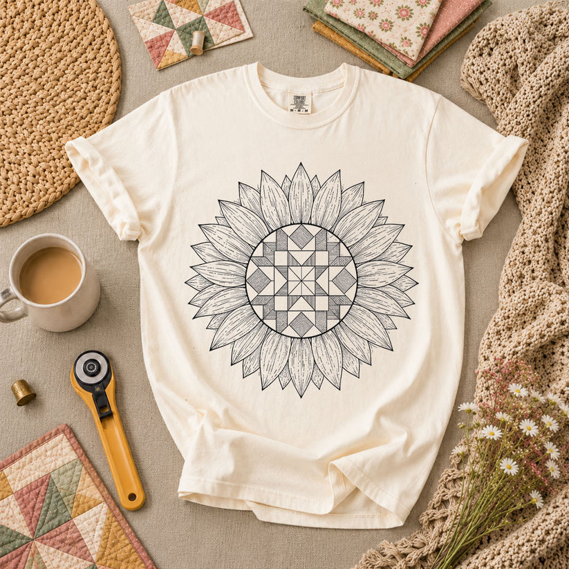 Sunflower Quilt Mandala Line Art T-Shirt - Ivory