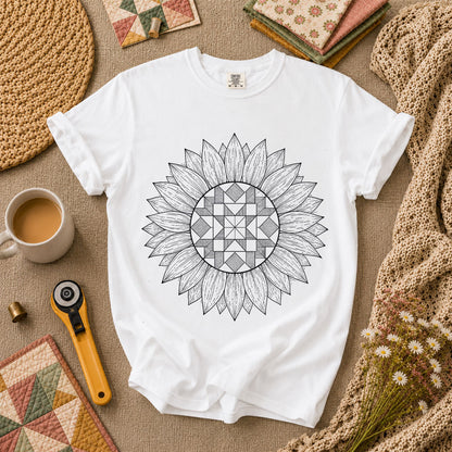 Sunflower Quilt Mandala Line Art T-Shirt - White