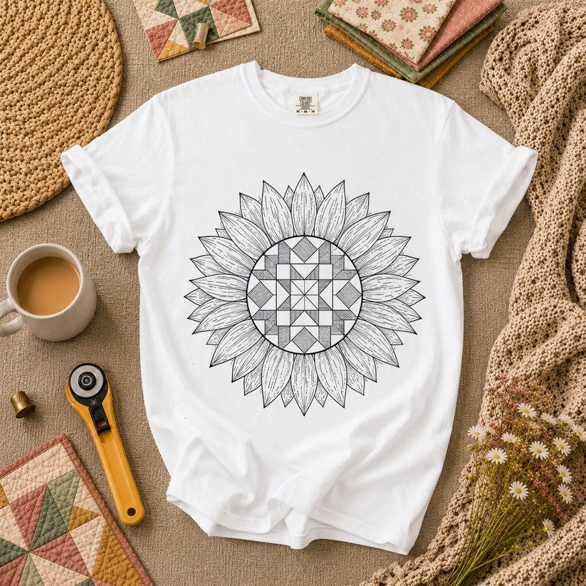 Sunflower Quilt Mandala Line Art T-Shirt - White