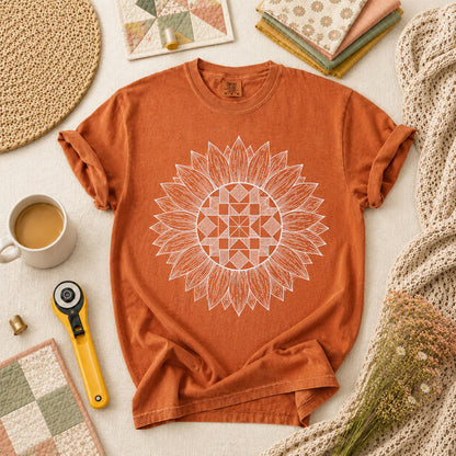 Sunflower Quilt Mandala Line Art T-Shirt - Yam