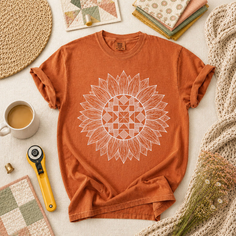 Sunflower Quilt Mandala Line Art T-Shirt - Yam