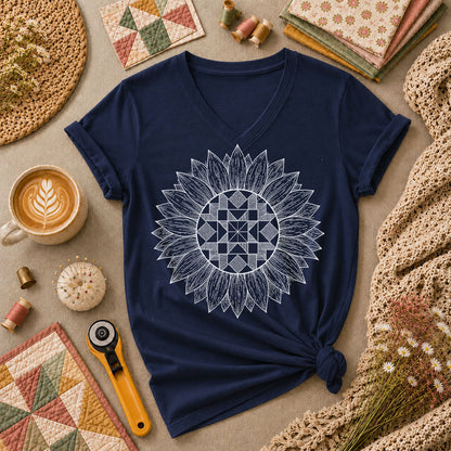 Sunflower Quilt Mandala Line Art - Navy