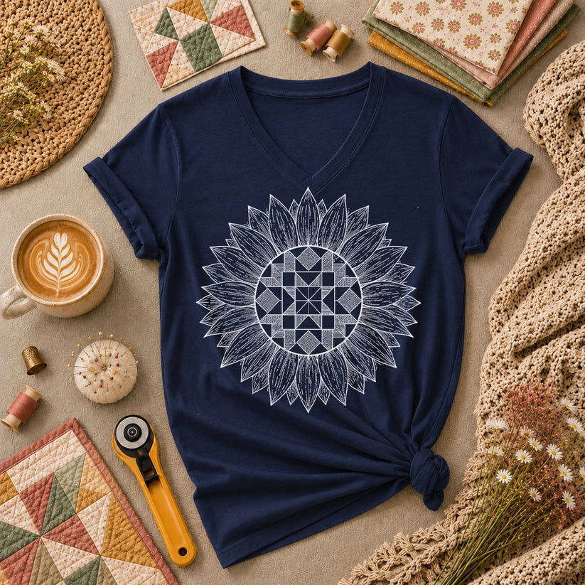 Sunflower Quilt Mandala Line Art - Navy