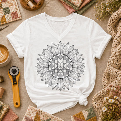 Sunflower Quilt Mandala Line Art - White