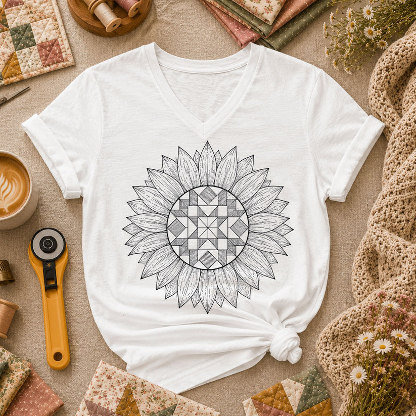Sunflower Quilt Mandala Line Art - White