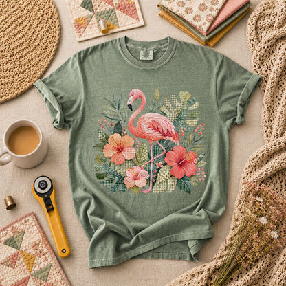 Tropical Flamingo Hibiscus T-Shirt - Forest