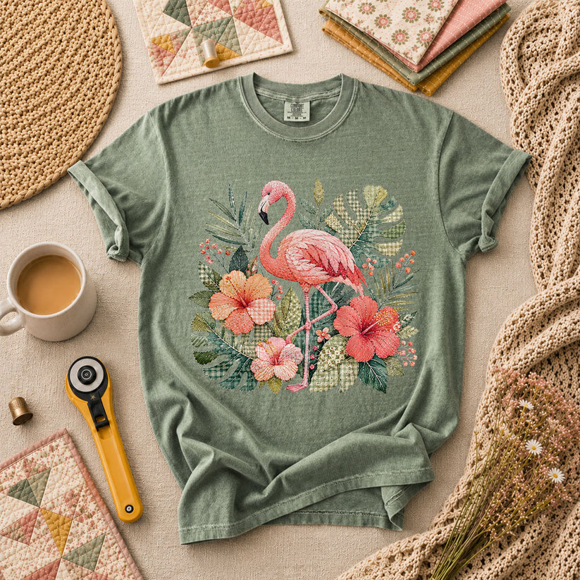 Tropical Flamingo Hibiscus T-Shirt - Forest