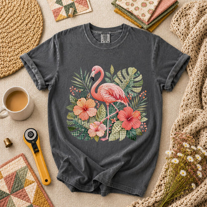 Tropical Flamingo Hibiscus T-Shirt - Grey