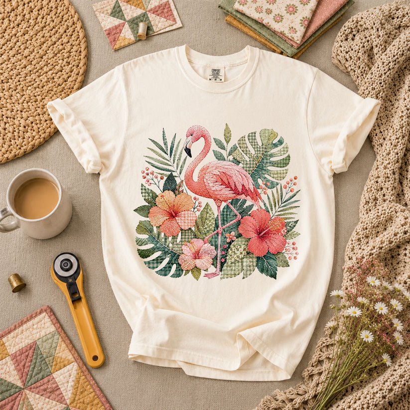 Tropical Flamingo Hibiscus T-Shirt - Ivory