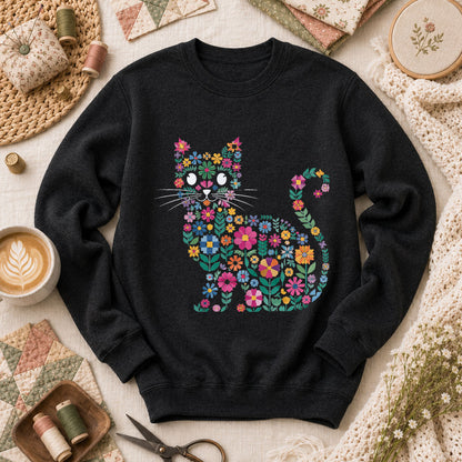 Floral Cat Silhouette - Black