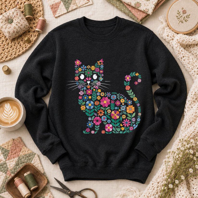 Floral Cat Silhouette - Black