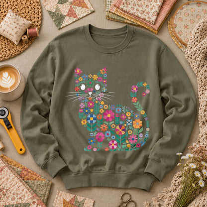 Floral Cat Silhouette - Military Green