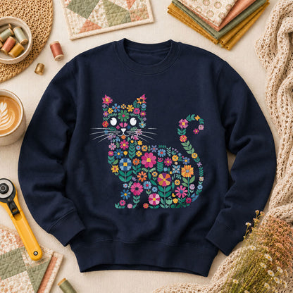 Floral Cat Silhouette - Navy