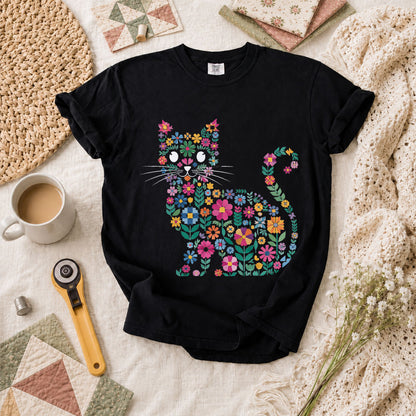 Floral Cat Silhouette T-Shirt - Black