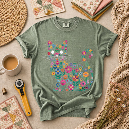 Floral Cat Silhouette T-Shirt - Forest