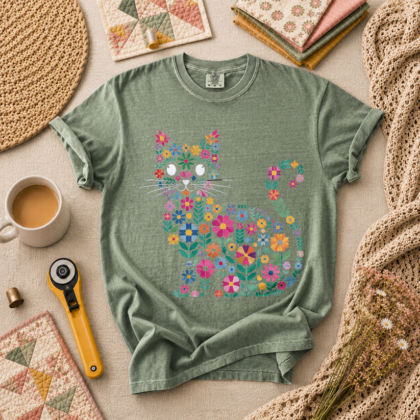 Floral Cat Silhouette T-Shirt - Forest