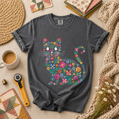 Floral Cat Silhouette T-Shirt - Grey