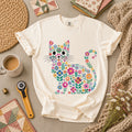Floral Cat Silhouette T-Shirt | Whimsical Cat Made of Colorful Flowers Quilter Tee