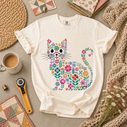 Floral Cat Silhouette T-Shirt - Ivory