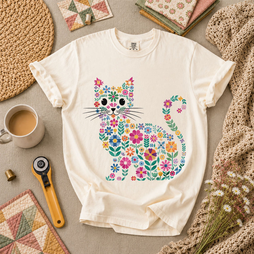 Floral Cat Silhouette T-Shirt - Ivory