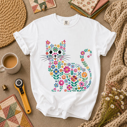Floral Cat Silhouette T-Shirt - White
