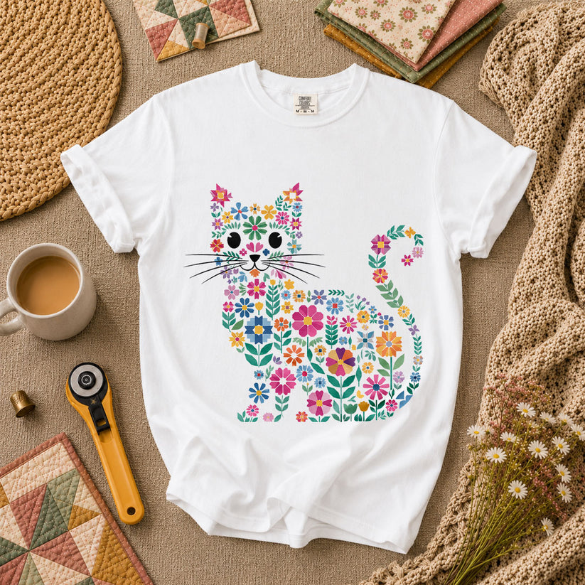 Floral Cat Silhouette T-Shirt - White