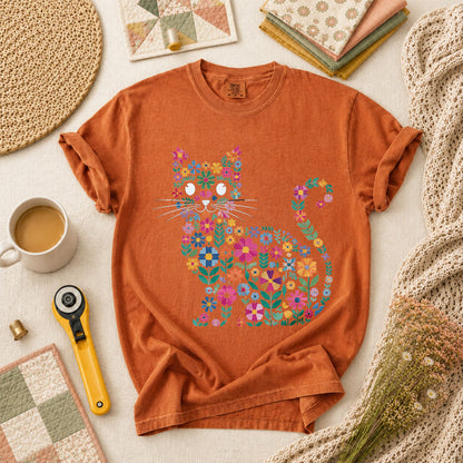 Floral Cat Silhouette T-Shirt - Yam