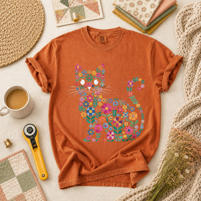 Floral Cat Silhouette T-Shirt - Yam