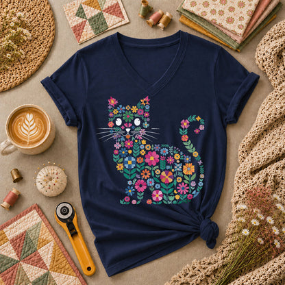 Floral Cat Silhouette - Navy